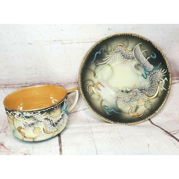 Vintage Japanese Dragonware Teacup & Saucer Set Moriage Demitasse Hand Painted - Picture 1 of 11